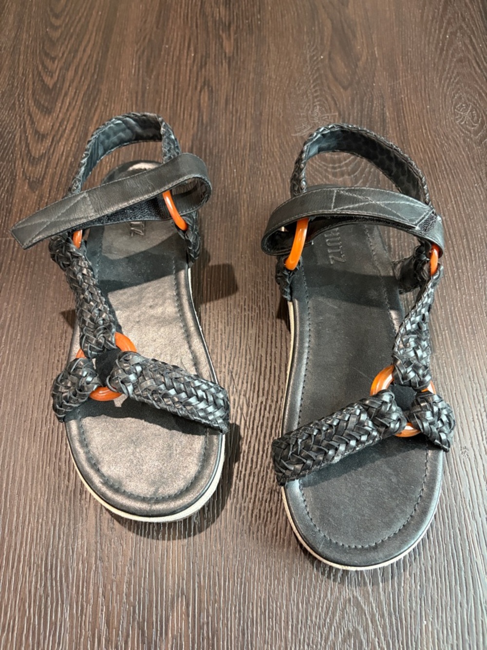Schultz Black Sandals with Brown Ring Accents
